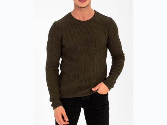 Men's Textured Small Zig-Zag Knit Sweater In Khaki Green