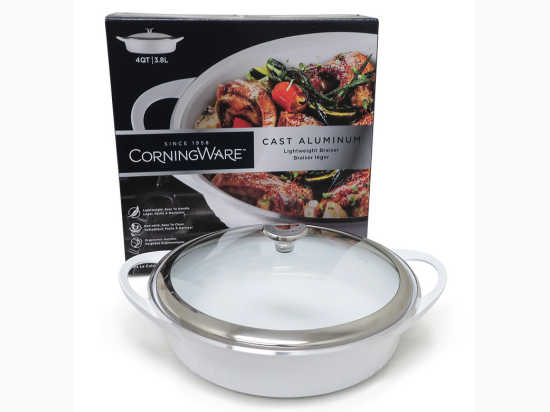 Corningware 4 Qt. Cast Aluminum White Braiser with Lid