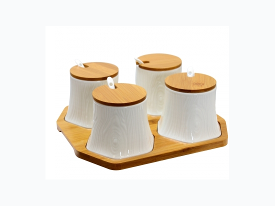 Elama Ceramic Spice, Jam and Salsa Jars with Bamboo Lids & Serving Spoons