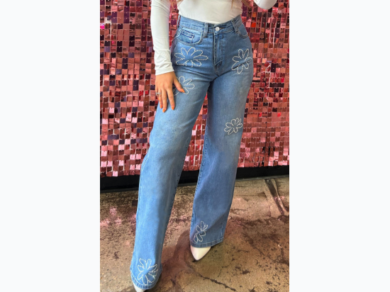 Women's Light Blue Floral Rhinestone Decor High Rise Wide Leg Jeans
