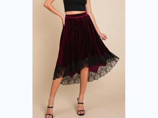 Women's Velvet Elastic Waistband Hi-Low Midi Skirt With Lace Detail - 2 Color Options
