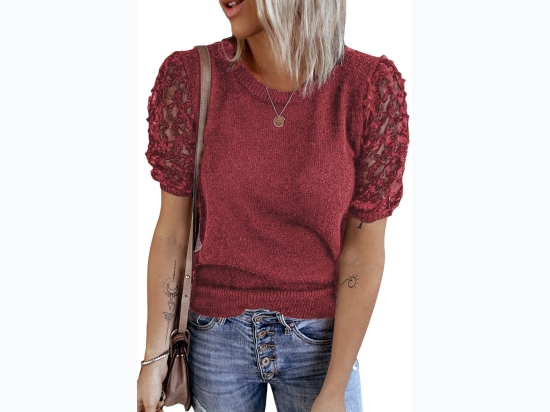 Womens Puff Sheer Lace Sleeve Knit Short Sleeve Top - 2 Color Options