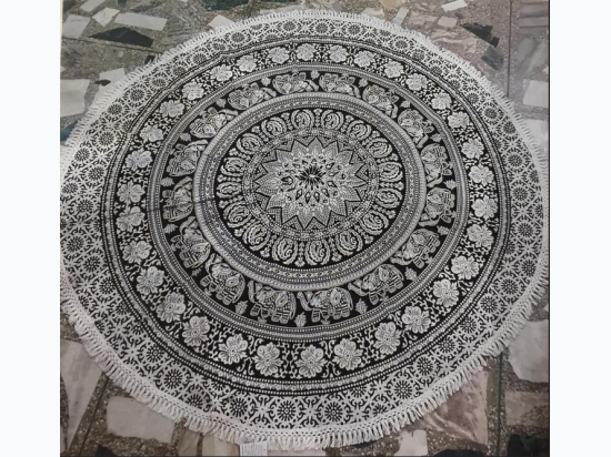 Round Mandala Tapestry in Black & White - 4' x 7" Round
