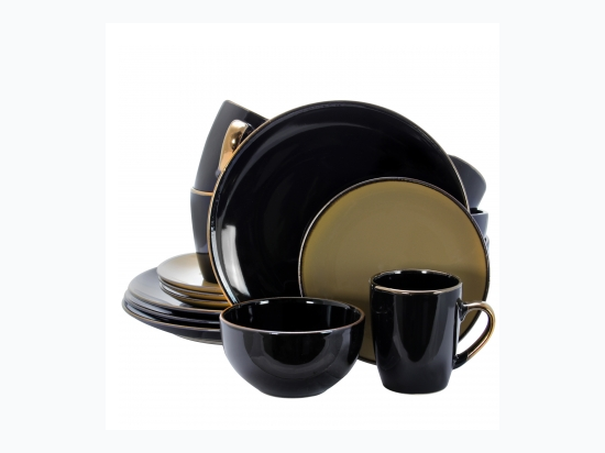 Elama Cambridge Grand 16-Piece Dinnerware Set in Luxurious Black and Warm Taupe