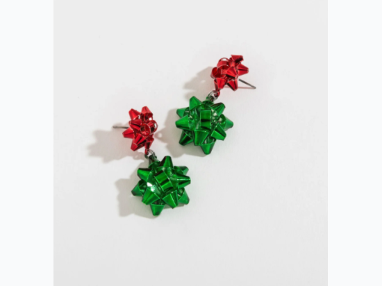 Red & Green Gift Bow Drop Earrings