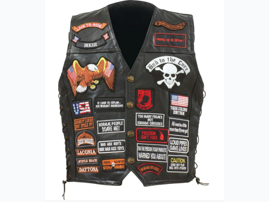 Diamond Plate™ Rock Design Genuine Buffalo Leather Biker Vest with 42 Patches
