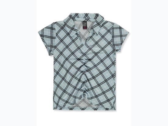 Girl's V-Neck Cinched Front Plaid Top in Blue