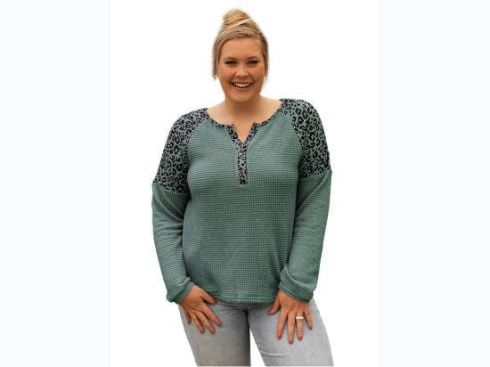 Women's Plus Mist Green Leopard Textured Knit Henley Top