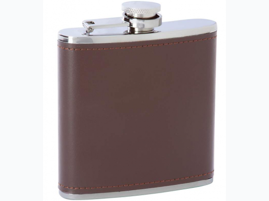 Maxam® 6oz Stainless Steel Flask with Brown Genuine Leather Wrap