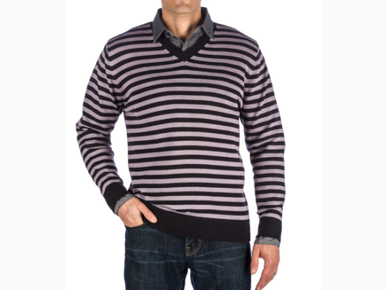 Men's Black & Grey Stripe V-Neck 100% Cotton Sweater - Size Medium