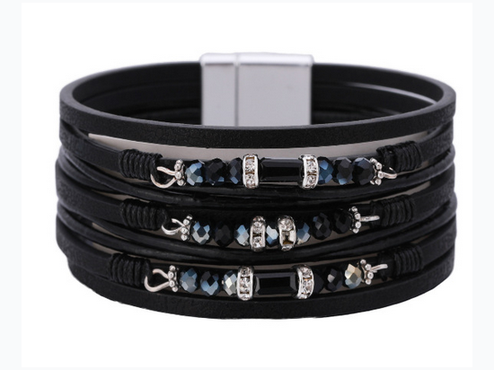 Women's Multilayer Crystal Bead Accessory Leather Bracelet - 3 Color Options