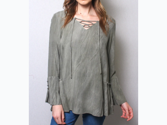 Junior's Lace Up V Neck Long Sleeve With Ruffle And Button Detail Top in Olive