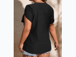 Plus Size Black Guipure V Neck Eyelet Embroidered Top