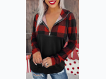 Women's Contrast Black & Red Buffalo Plaid 1/4 Zip Pullover Hooded Top
