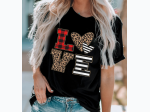 Women's LOVE Heart Plaid Striped Leopard PrintT Shirt in Black - SIZE S