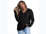 Women's V-Neck Ribbed Drop Shoulder Hooded Sweater in Black