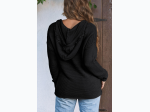 Women's V-Neck Ribbed Drop Shoulder Hooded Sweater in Black