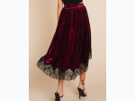 Women's Velvet Elastic Waistband Hi-Low Midi Skirt With Lace Detail - 2 Color Options
