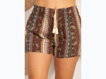 Womens Smocked Waist Shorts With Tassel Tie Detail - Brown/Teal