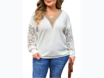 Women's Plus Contrast V-Neck Floral Lace Sleeve Top in White