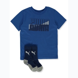 Boy's PUMA Double Shutter Worded Logo T-Shirt w/ Socks in Blue