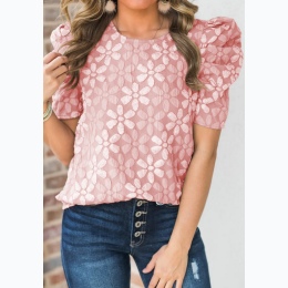 Women's Pink Floral Lace Ruched Bubble Sleeve Top