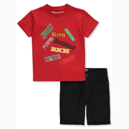 Boy's Multi-Worded Graphic T-Shirt & Black Denim Short Set