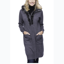 Women's Box-Packaged Tocco Reale Wool Blend Zip Cardigan with Fur Trim Hood - 3 Color Options