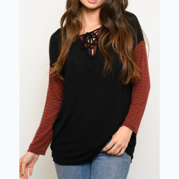 Women's Striped Sleeve Lace Up Neckline Detail Top in Rust/Black