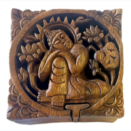 Carved Wooden Resting Buddha Puzzle Box - 3.5" x 3.5"