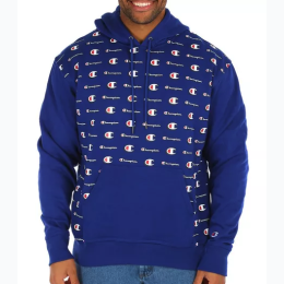 Men's Champion Hoody with All Over Logo in Blue - Close Out Special - Size Medium