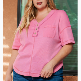 Plus Size Pink Waffle Knit Exposed Seam V Neck Henley
