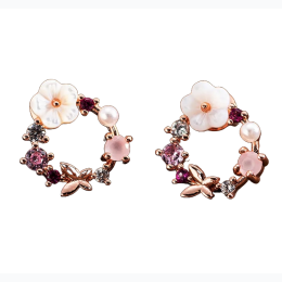 Rose Gold Epoxy Floral, Butterfly & Zircon Wreath Earrings