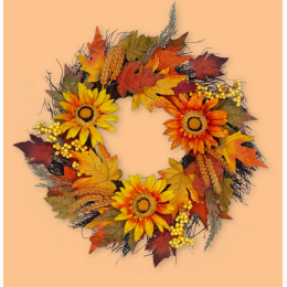 24″ Fall Leaves Wreath With Sunflowers