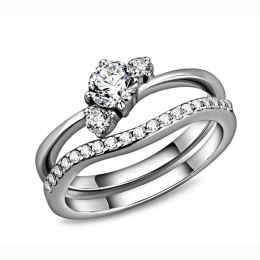 High polished Stainless Steel Ring with AAA Grade Triple Stone Setting CZ Ring w/ Pave Set CZ Band