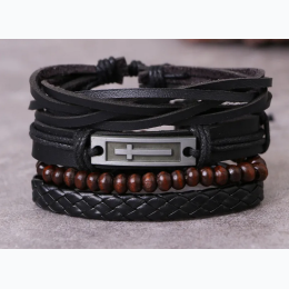 Men's Cross Metal Plate & Beaded Woven Design 4pc Bracelet Set