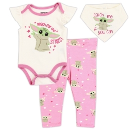 Newborn Girl Baby Yoda 3pc Bib Set in Pink & Ivory