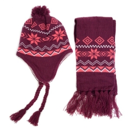 Girl's Two-Tone Knitted Snowflake Scarf & Ear Flap Hat Set in Mulberry
