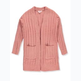 Girl's Ribbed Chenille Long Cardigan in Rose Pink