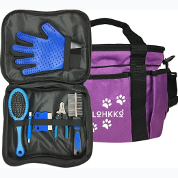 8-Piece Dog Cat Pet Grooming Kit with Purple Organizer Pouch
