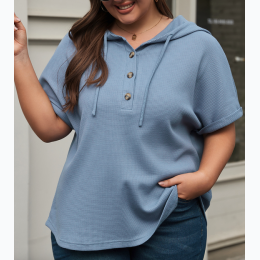 Plus Size Waffle Knit Short Sleeve Drawstring Hoodie in Ashleigh Blue