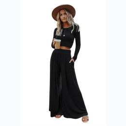 Women's Solid Black Ribbed Long-Sleeve Crop Top & Pants Set