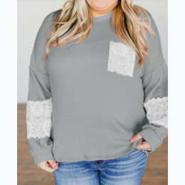 Women's Plus Lace Patchwork Waffle Knit Top In Grey - XL
