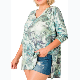 Plus Size Zenana French Terry Marble Print Top in Blue Ice - SIZE 1XL