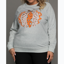 Plus & Extended Plus Size Leopard Pumpkin Print Sweatshirt In Grey
