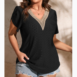 Plus Size Black Guipure V Neck Eyelet Embroidered Top