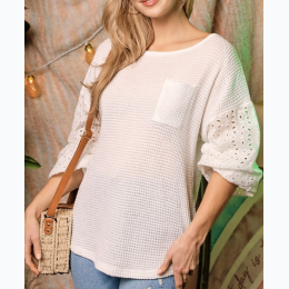 Women's Eyelet Sleeve Detailed Waffle top With Pocket in Off White