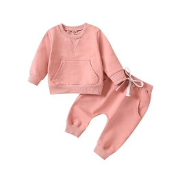 Infant Girl Solid Kangaroo Pocket Pullover Top & Pants Set in Pink