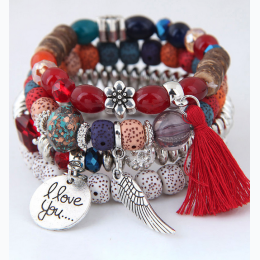Red Alloy Wing and Cotton Threads Tassel Four Layers Beads Bracelet