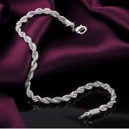 Unisex 4mm Water Wave Rope Link Chain Bracelet in Platinum